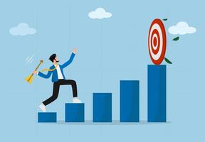 Business Growth and Success Concept. Man Running Up Bar Chart Holding Arrow Towards Target. Achieving Goals, Career Progress, Financial Success, Market Strategy. vector