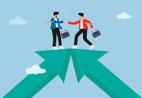 Business Partnership and Teamwork. Two Businessmen Shaking Hands on Top of Growing Arrows, Symbolizing Collaboration, Success, and Professional Growth in Corporate and Financial Development. vector