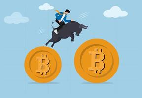 The Rise of Cryptocurrency. The Bullish Surge of Bitcoin in the Digital Market a man riding on a bull with a bitcoin coin vector
