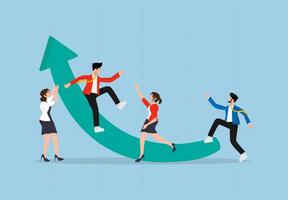Business Teamwork and Growth Concept. Successful Business People Collaborating, Helping Each Other to Achieve Success, Career Development, and Leadership on an Upward Arrow Chart Illustration vector
