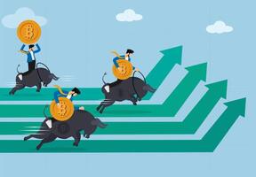 Dynamic Bitcoin Bull Market. Depicting Multiple Businessmen Riding Charging Bulls with Cryptocurrency Coins, Symbolizing Financial Growth, Investment Opportunities, and the Volatile Nature of Digital. vector