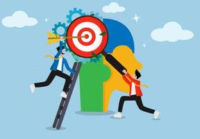 Planning a target positioning strategy in business marketing. Targeting according to consumers and customers. Business people stick arrows into the target board. vector