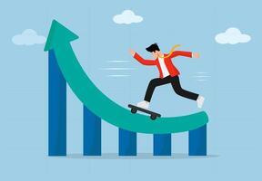 Business Growth and Success Concept. A Young Businessman Riding a Skateboard on an Upward Arrow Chart Symbolizing Career Growth, Financial Progress, Risk-Taking, Innovation, and Entrepreneurial Succes vector