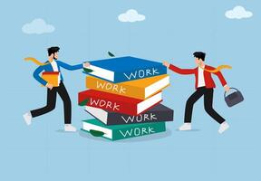 Business and Productivity Concept Illustration. Two Businessmen Running Around a Stack of Work Books in Flat Style. vector