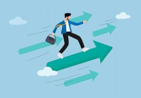 Business Career Growth Illustration. Successful Businessman Riding an Increasing Arrow, Symbolizing Financial Success, Economic Growth, and Professional Development in a Digital Business World. vector