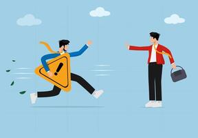 Business Risk and Warning Concept. Businessman Running with Caution Sign Towards a Partner. Corporate Challenges, Financial Risk, and Business Decision Making. vector