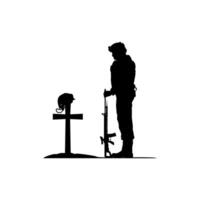 Silhouette of a soldier in front of a grave. vector