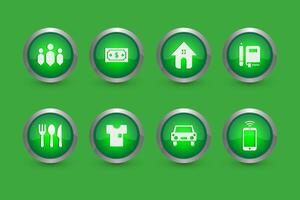 Set of buttons for web, people, money, home, education, food, fashion, car, smartphone. Set of 8 glossy icons for web isolated on green background. vector
