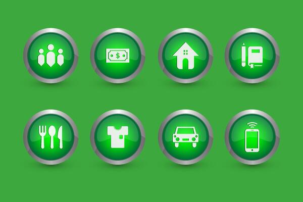 Set of buttons for web, people, money, home, education, food, fashion, car, smartphone. Set of 8 glossy icons for web isolated on green background.