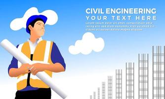 Civil engineering architect works at a building construction site, Smart civil engineer and architecture concept, Drawing paper and blueprint, Commercial infrastructure development side, Illustration vector