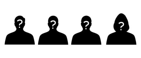 Silhouettes of anonymous men featuring a hooded figure, a man with a hat, a bald head, with a question mark, symbolizing secrecy, mystery, and hidden identity vector