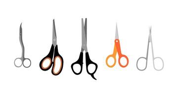 A minimalist illustration of five different scissors in various shapes, sizes, and colors, including grooming, household, and professional shears vector