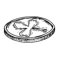 Black and white hand-drawn illustration of a slightly tilted coin featuring a three-leaf clover. A perfect good luck symbol for Irish-themed designs, St. Patrick s Day, casino, and fortune projects vector