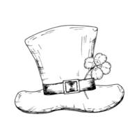 Hand-drawn black and white illustration of a leprechaun s hat with a shamrock attached to the belt. A classic Irish symbol representing good luck, folklore, and the spirit of St. Patrick s Day vector