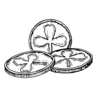 A monochrome hand-drawn illustration of three lucky gold coins engraved with shamrocks. A classic symbol of Irish folklore, wealth, and prosperity, commonly associated with St. Patrick s Day vector