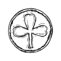 Hand-drawn black and white illustration of a round coin with a three-leaf clover. A symbol of good fortune, ideal for Irish-themed designs, St. Patrick s Day, lucky charms, and folklore projects vector