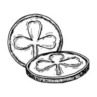 A black and white drawing of two coins engraved with shamrocks. A symbol of luck, wealth and St. Patrick s Day. Perfect for greeting cards, illustrations, festive decor and design elements vector