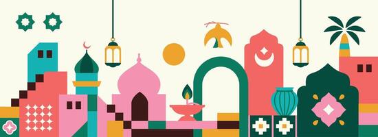 collection of ramadan kareem design elements in landscape, mosque domes and islamic icons, crescent moon in flat geometric style vector
