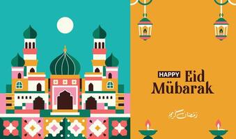 Colorful geometric mosque landscape pattern with cheerful pattern and greeting card on the left side, minimalist Ramadan Kareem, colorful horizontal Eid al-Fitr banner vector