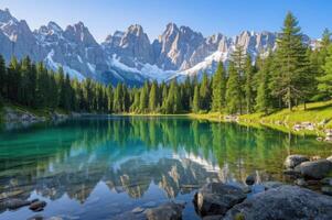A crystal-clear alpine lake surrounded by towering pine trees. photo