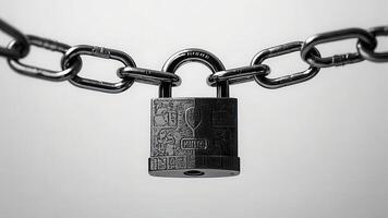 Shiny silver padlock secured on a metal chain isolated on white background for security design inspiration. photo