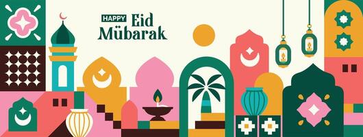 Ramadan Kareem design elements collection and icons in the form of landscapes, mosque domes, crescent moons, lanterns, and Islamic palm trees vector