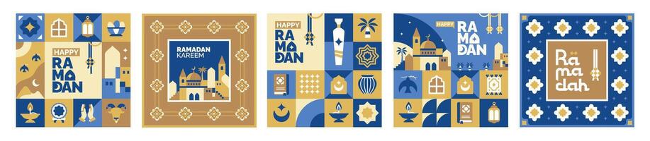 set of geometric illustrations of ramadan kareem in flat style vector