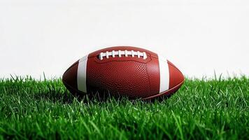 Leather American football resting on vibrant green grass isolate on white background. photo