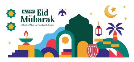 collection of ramadan kareem design elements in the form of colorful landscapes, mosque domes and islamic icons, crescent moon in flat geometric style vector
