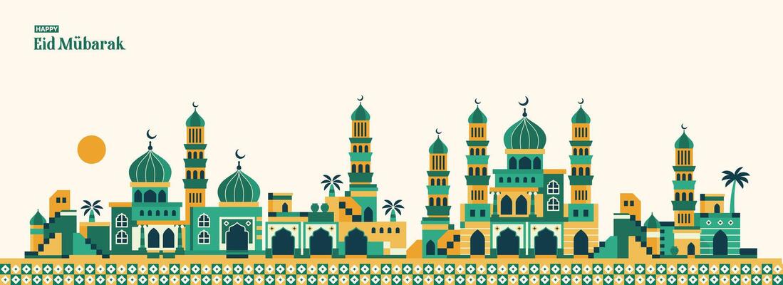 geometric arabic city landscape pattern, Ramadan Kareem, Eid al-Fitr with bright colored Arabic and Islamic icons