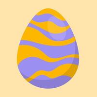 Orange and purple waves pattern Easter egg with a glossy effect on a pastel yellow background. Perfect for festive decor, cards, and digital design vector