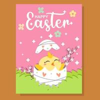 A cute Easter greeting card featuring a happy chick hatching from an egg, beside blooming branch. The design includes pastel colors, flowers, and sparkling stars on a pink background. vector