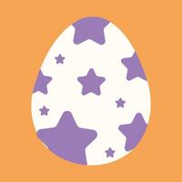 A whimsical egg with purple star patterns on a light background, set against an orange backdrop. vector