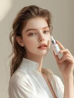 A portrait of a beautiful woman with a skincare product photo