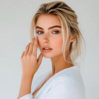 Close-up of a young woman checking her face photo