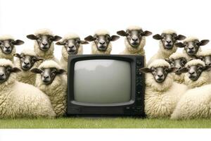Sheep watching television, herd following mass media trend photo