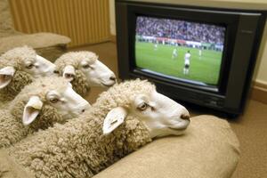 Sheep watching football match on television at home photo