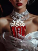 Elegant woman holding red container of popcorn with sparkling gloves and necklace photo