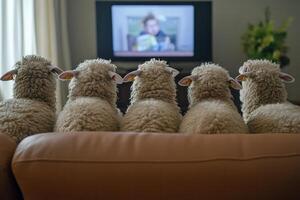 Group of sheep watching television on sofa photo