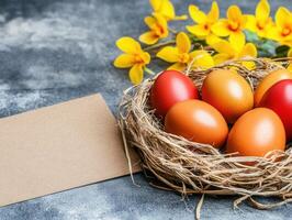 Easter eggs nest with blank greeting card and yellow flowers photo