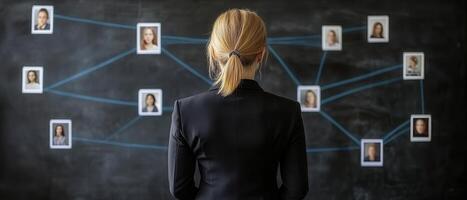 Businesswoman analyzing connections on blackboard with photos and lines