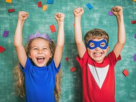Happy children celebrating with raised arms and confetti on green background photo
