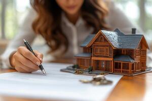 Businesswoman signing a real estate contract for a new house photo