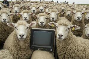 Flock of sheep watching television in a field photo