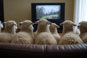 Group of sheep watching television program on sofa photo