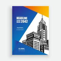 the cover of a business report with a skyscraper in the background vector