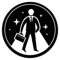 businessman silhouette, circular frame, briefcase, suit and tie, Black and white icon vector