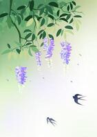 Spring vertical illustrations designed with purple flower skewers and swallows vector