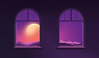 Night view horizontal version illustrations moonlight outside the window with the scenery vector
