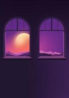 Night view vertical version illustrations moonlight outside the window with the scenery vector